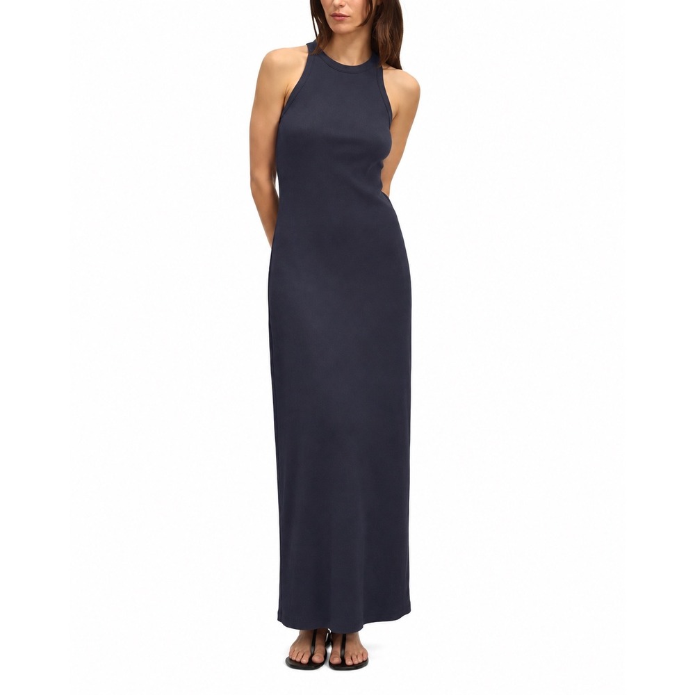 Buck Mason Ribbed Muscle Tank Maxi Dress Navy Blue Sleeveless Cotton High Neck M